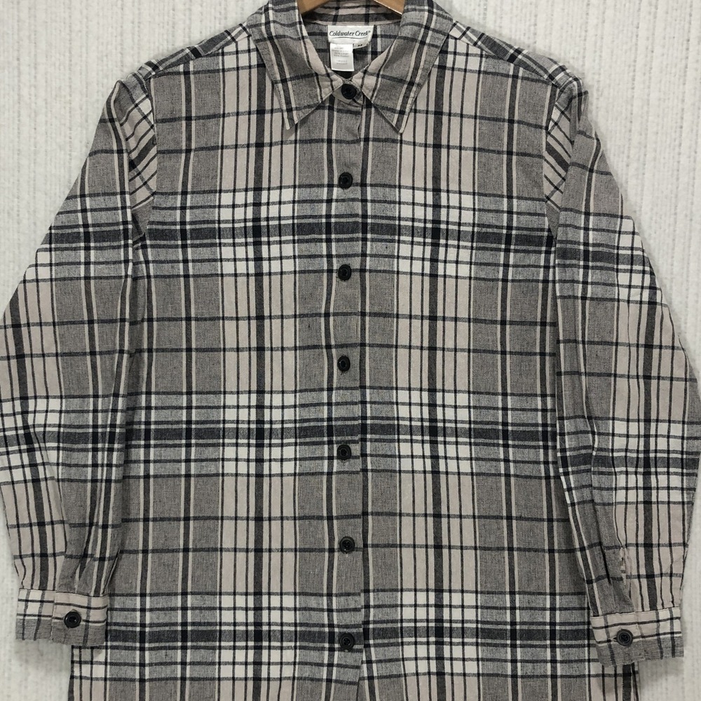 Coldwater Creek Womens M Grey Black Plaid Linen Cotton Blend Button Up Shirt